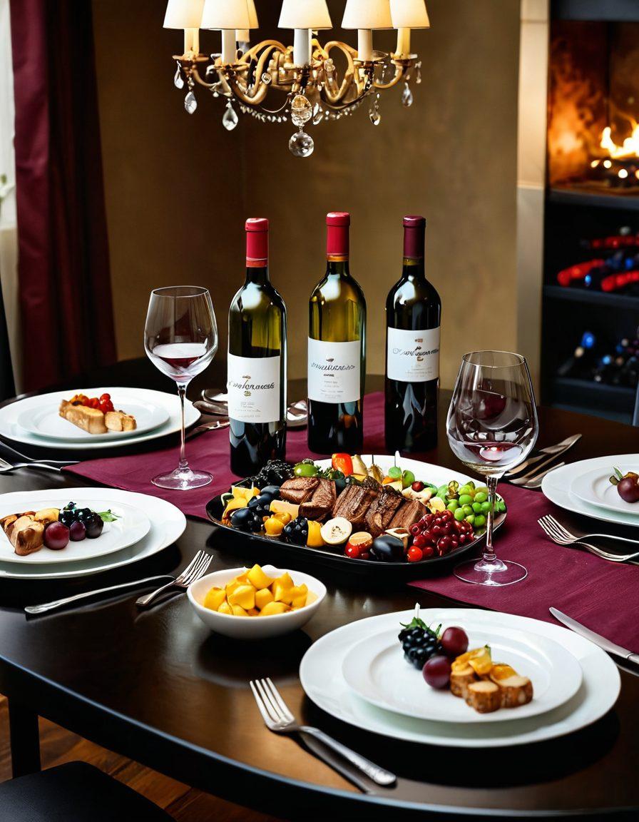 A beautifully set dining table showcasing a selection of gourmet dishes paired elegantly with different wine bottles. Include vibrant colors, reflecting an inviting atmosphere filled with joy and sophistication. Dim, warm lighting to create a cozy feel, with sparkling glassware that hints at celebration. Perfect for a culinary experience, evoking feelings of indulgence and happiness. super-realistic. vibrant colors.