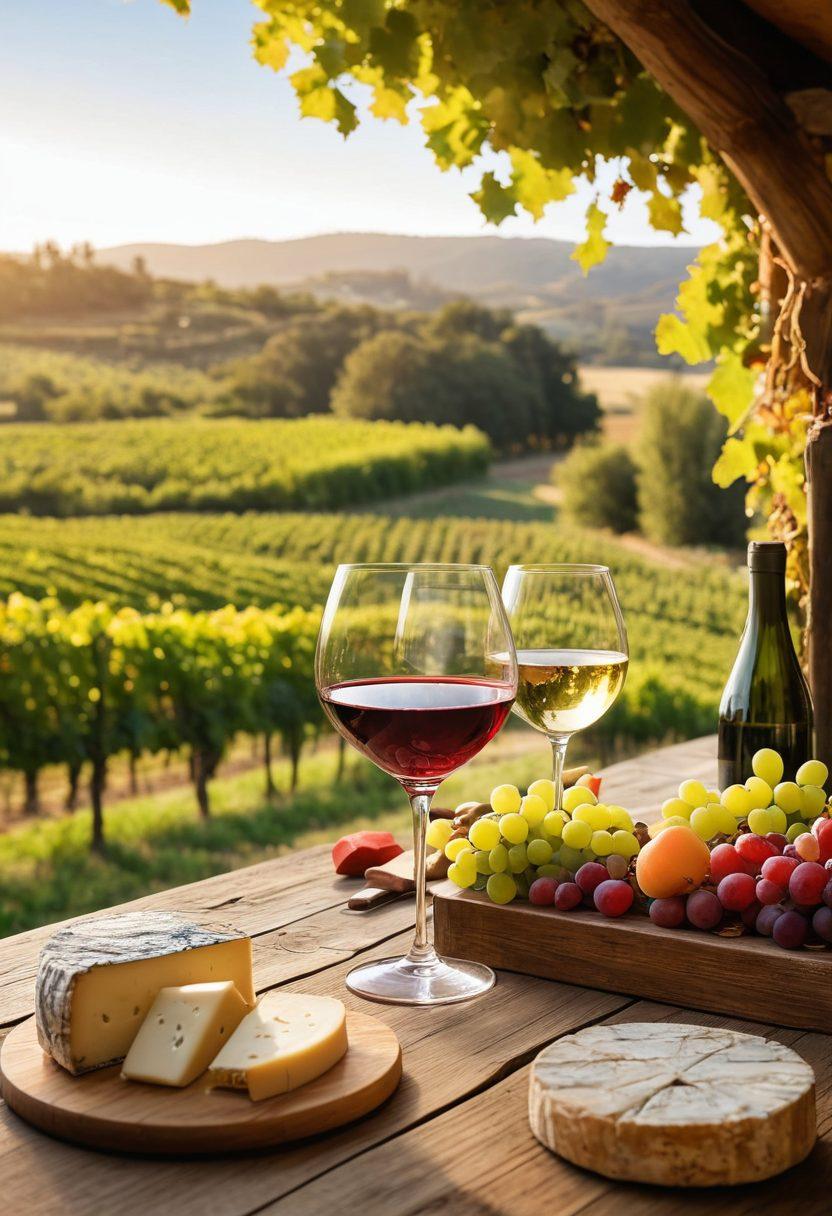 A scenic vineyard during golden hour, with lush grapevines stretching into the distance. In the foreground, a rustic wooden table adorned with elegant wine glasses filled with rich red and crisp white wines, complemented by an array of gourmet cheeses and fresh fruits. Soft, ambient light enhances the warmth of the scene, inviting viewers to immerse in the joy of wine tasting. The atmosphere is relaxed and inviting, capturing the essence of a delightful pairing experience. super-realistic. vibrant colors. warm tones.